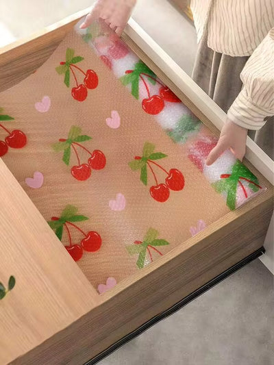 1 Roll Red Cherry Cabinet Liner, Drawer Liner, Non-Slip EVA Refrigerator Liner, Waterproof/Oil-Proof Transparent Fruit Print Liner, Table Mat, Back To School Supplies (Non-Adhesive).