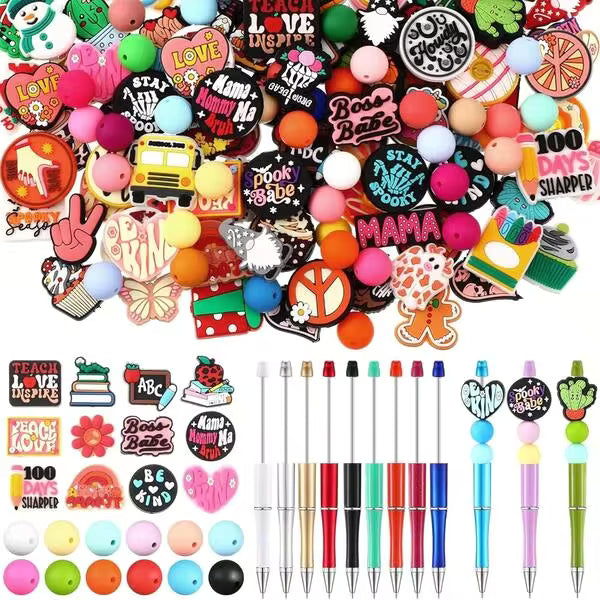 122pcs Silicone Focused Ballpoint Pen Set, DIY Craft Kit, Includes 12 Ballpoint Pens, 50pcs Irregularly Shaped Silicone Beads, And 60pcs 15mm Silicone Beads. Perfect For DIY Crafts Such As Pens, Keychains, Etc.