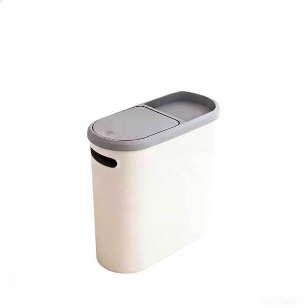 LOVEWE Stylish White & Gray Bathroom Trash Can With Lid & Handle - Large Capacity Push - Top Design, Ideal For Small Spaces