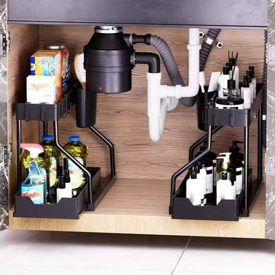 2 Pack Pull Out Under Sink Organizer, 2-Tier Sliding Kitchen Bathroom Cabinet Storage Shelf With Hanging Cups, Pipe Gap Compatible Storage Rack For Cleaning Supplies